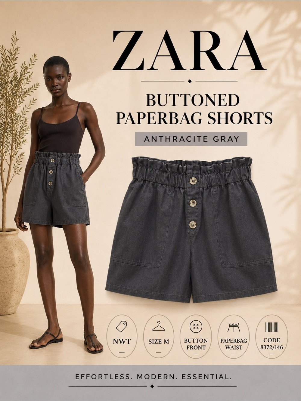Zara Anthracite Gray Buttoned Paperbag Shorts Size M NWT High Waist Casual Short